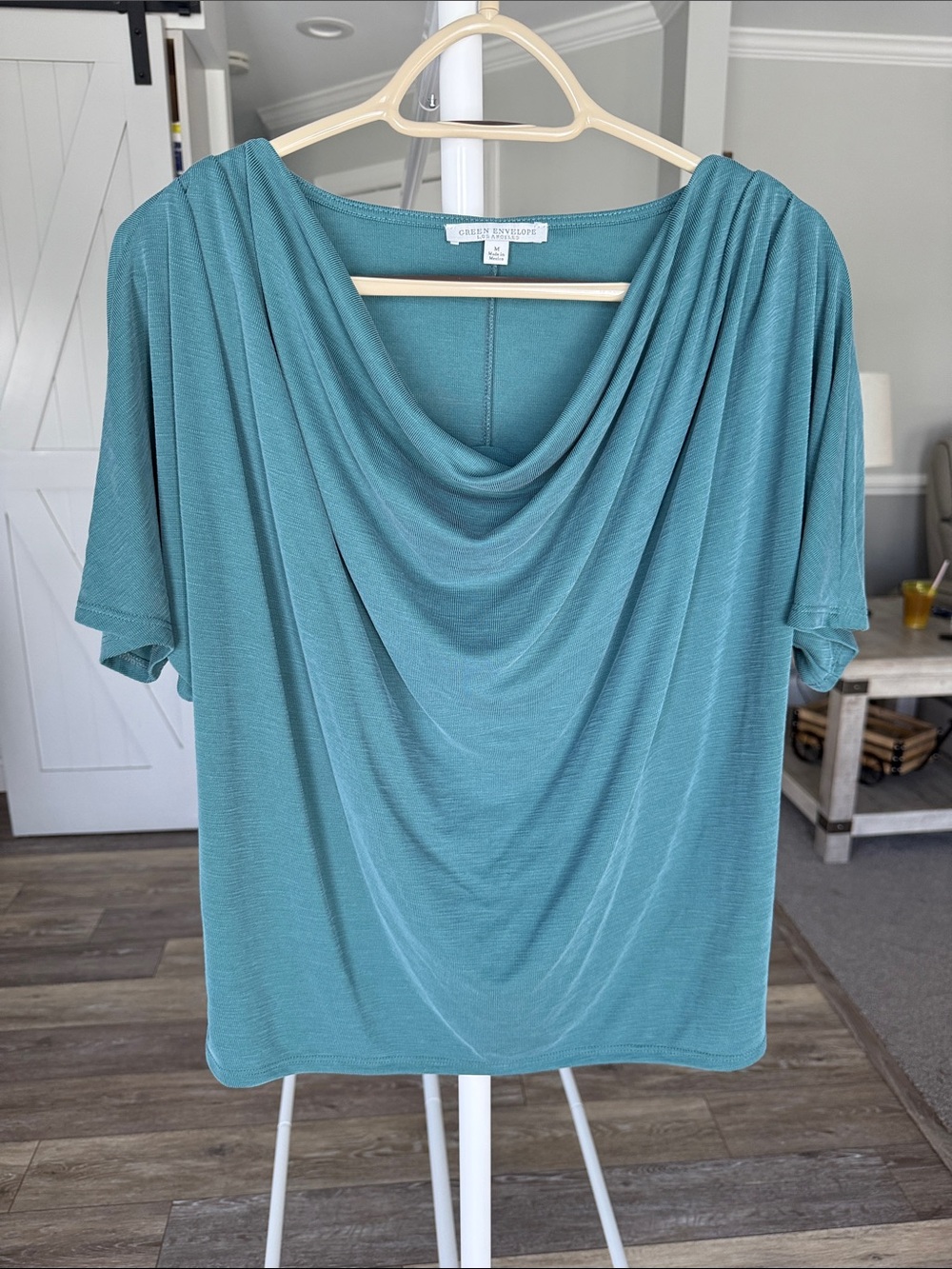 Green Envelope Teal Draped Cowl Neck Short Sleeve Top